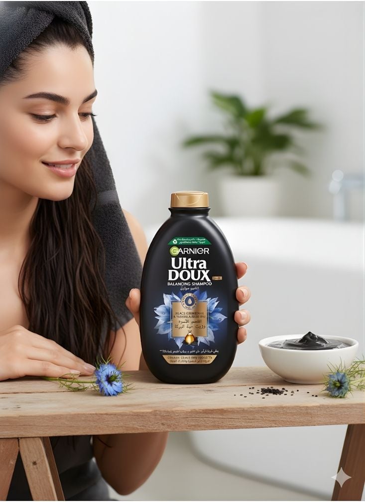 Ultra doux Garnier Ultra Doux Balancing Shampoo with Black Charcoal & Nigella Seed Oil – Black Bottle Shampoo for Greasy Scalp and Dry Lengths, Black Color, 1 Pc - Image 3